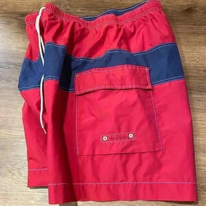 Nautica Men’s Large Swim Trunks Pull String Red Blue Pocket Mesh Lake Beach